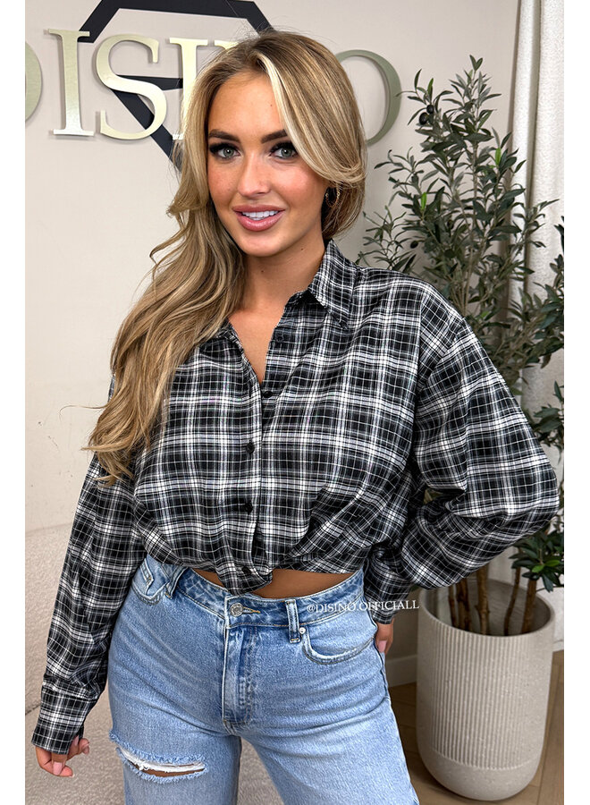 BLACK - 'NENA BLOUSE' - CHECKED CROPPED BLOUSE
