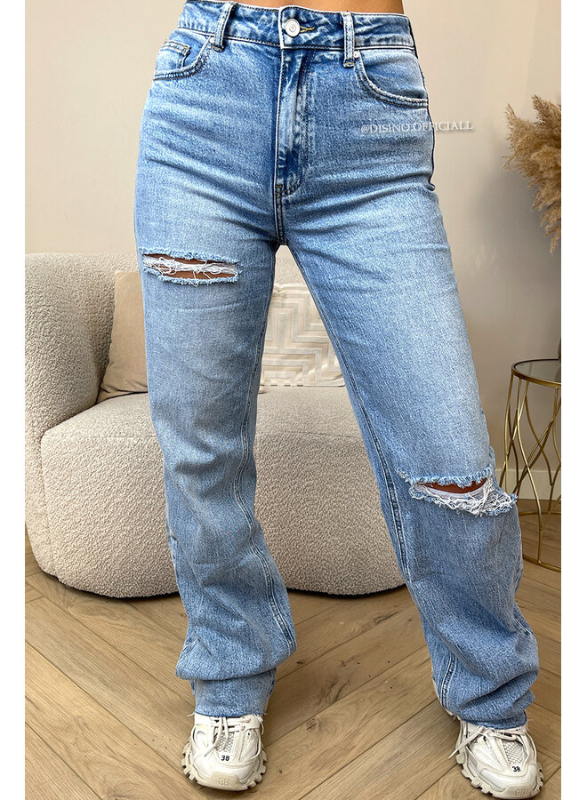 LIGHT BLUE - 'DISINO JEANS' - STRETCH EXTRA LONG RIPPED KNEE WIDE LEG JEANS