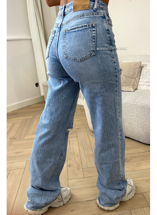 LIGHT BLUE - 'DISINO JEANS' - STRETCH EXTRA LONG RIPPED KNEE WIDE LEG JEANS