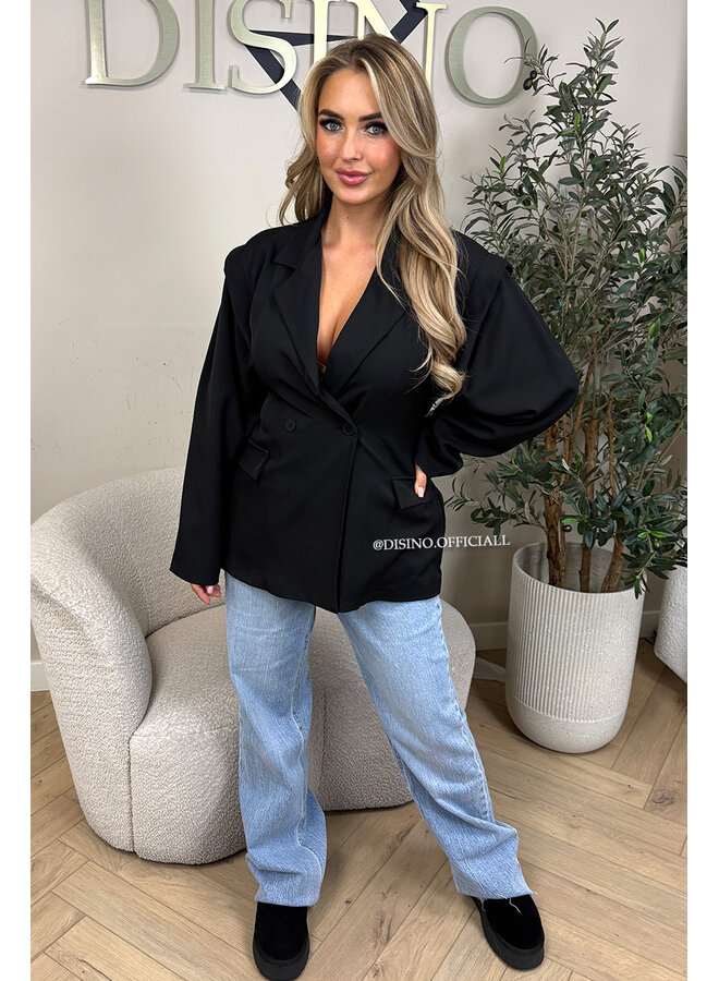 BLACK - 'MELINA BLAZER' - PUFF SHOULDER LONG SNATCHED BLAZER