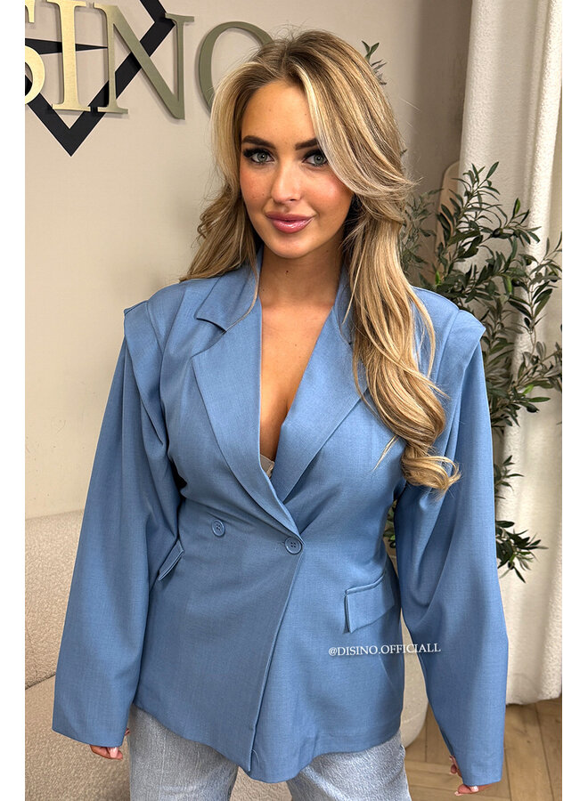 LIGHT BLUE - 'MELINA BLAZER' - PUFF SHOULDER LONG SNATCHED BLAZER