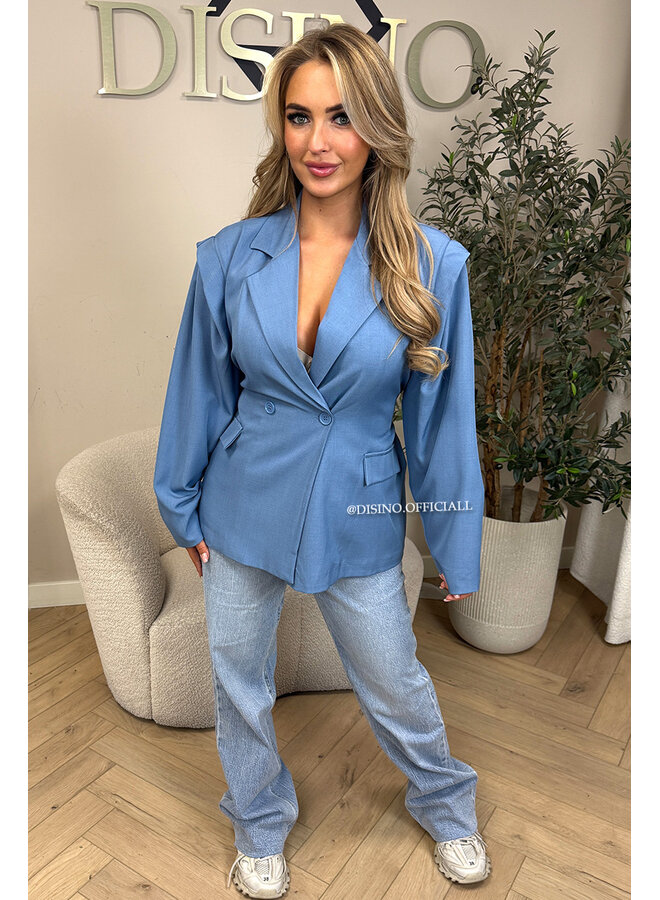 LIGHT BLUE - 'MELINA BLAZER' - PUFF SHOULDER LONG SNATCHED BLAZER