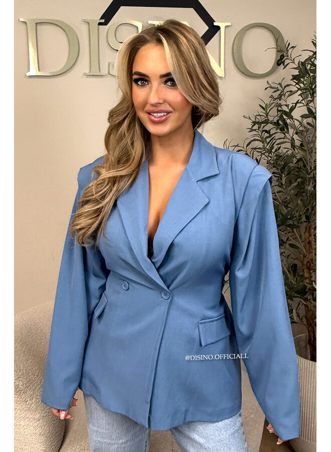 LIGHT BLUE - 'MELINA BLAZER' - PUFF SHOULDER LONG SNATCHED BLAZER