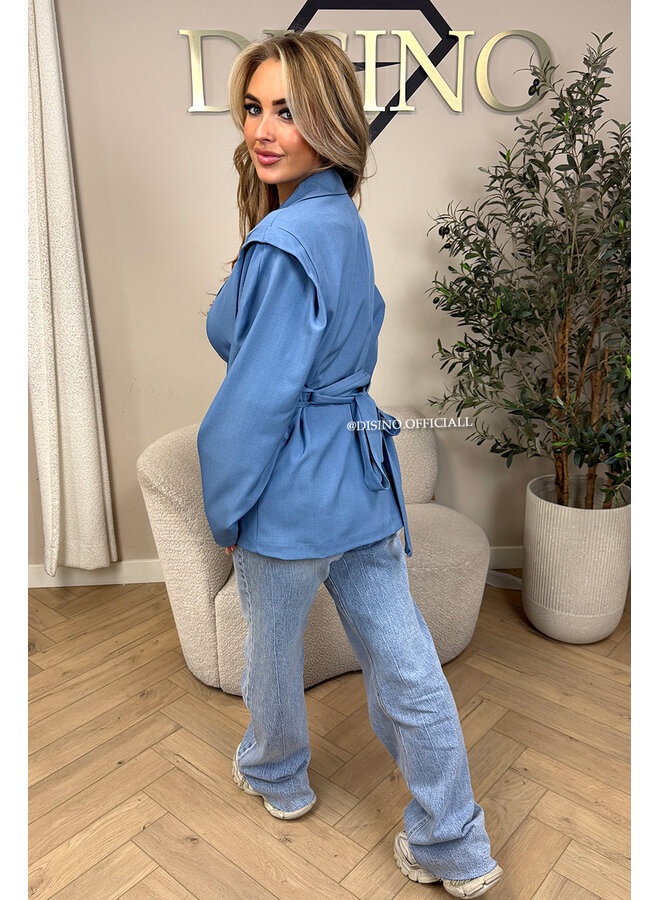 LIGHT BLUE - 'MELINA BLAZER' - PUFF SHOULDER LONG SNATCHED BLAZER