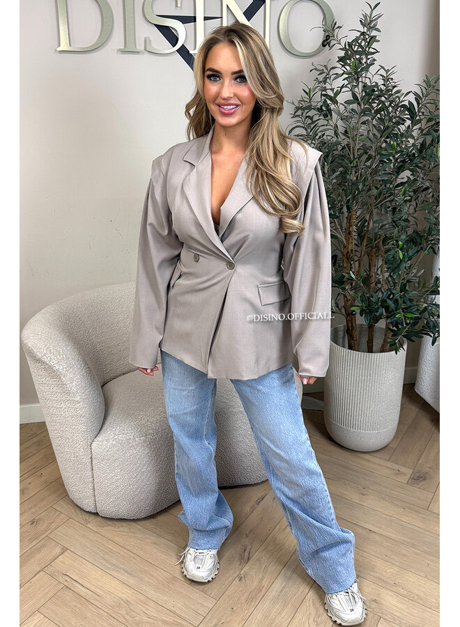 BEIGE - 'MELINA BLAZER' - PUFF SHOULDER LONG SNATCHED BLAZER