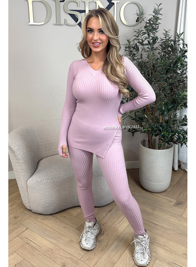 DUSTY PINK - 'LISA' - BASIC RIBBED V-NECK TWO PIECE SET