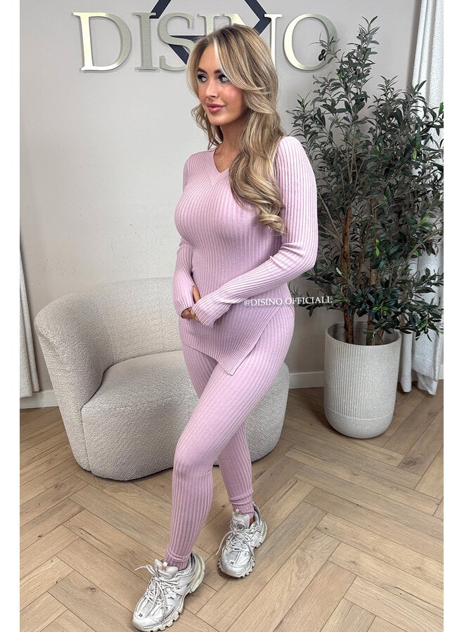 DUSTY PINK - 'LISA' - BASIC RIBBED V-NECK TWO PIECE SET