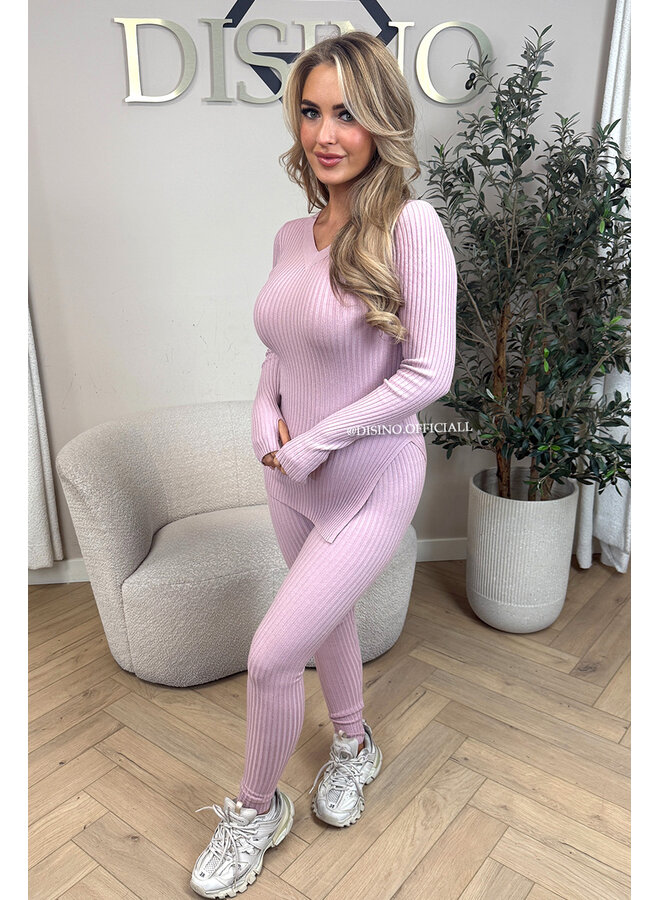 DUSTY PINK - 'LISA' - BASIC RIBBED V-NECK TWO PIECE SET
