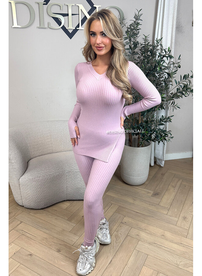 DUSTY PINK - 'LISA' - BASIC RIBBED V-NECK TWO PIECE SET