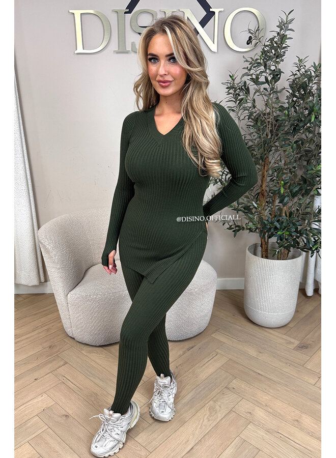 KHAKI GREEN - 'LISA' - BASIC RIBBED V-NECK TWO PIECE SET
