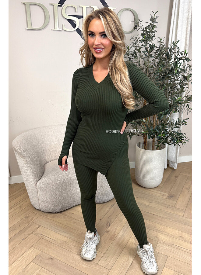 KHAKI GREEN - 'LISA' - BASIC RIBBED V-NECK TWO PIECE SET