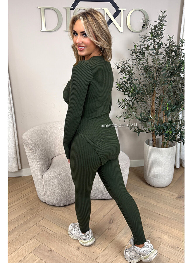 KHAKI GREEN - 'LISA' - BASIC RIBBED V-NECK TWO PIECE SET