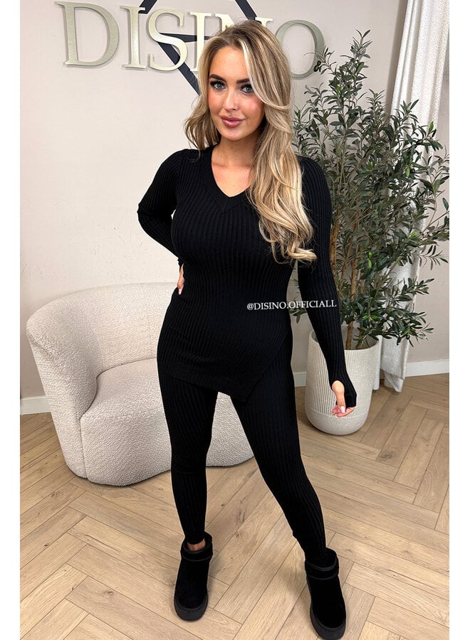 BLACK - 'LISA' - BASIC RIBBED V-NECK TWO PIECE SET