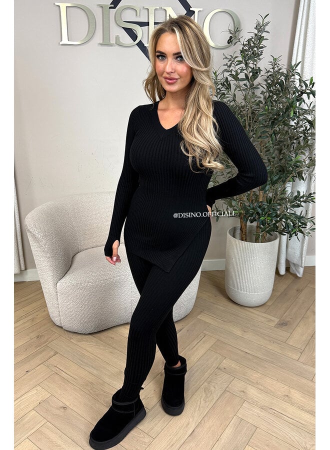 BLACK - 'LISA' - BASIC RIBBED V-NECK TWO PIECE SET
