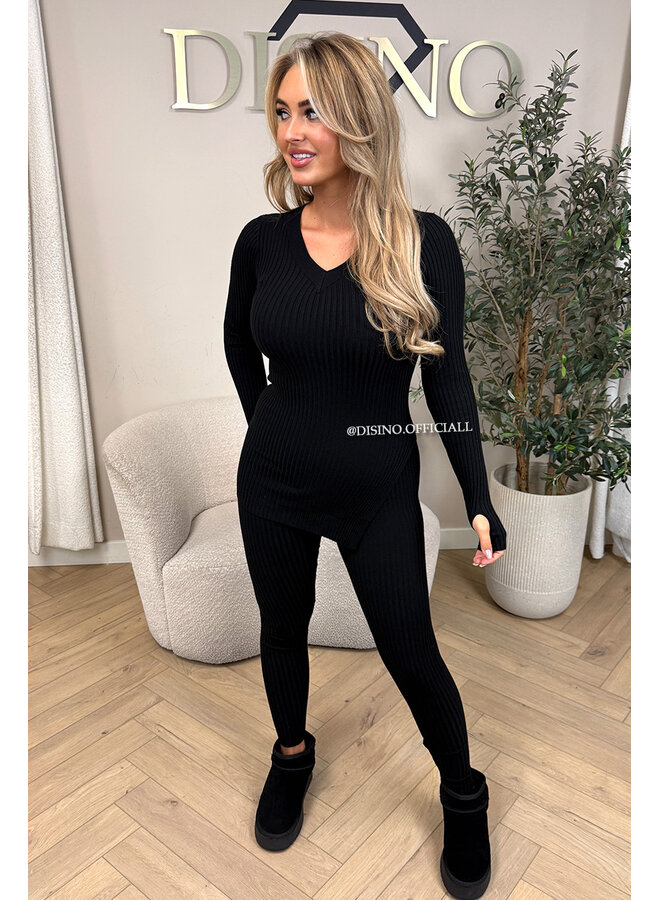 BLACK - 'LISA' - BASIC RIBBED V-NECK TWO PIECE SET