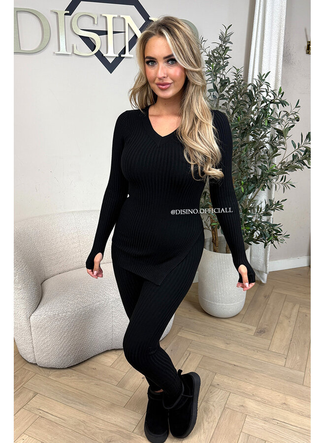 BLACK - 'LISA' - BASIC RIBBED V-NECK TWO PIECE SET