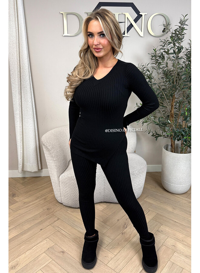 BLACK - 'LISA' - BASIC RIBBED V-NECK TWO PIECE SET