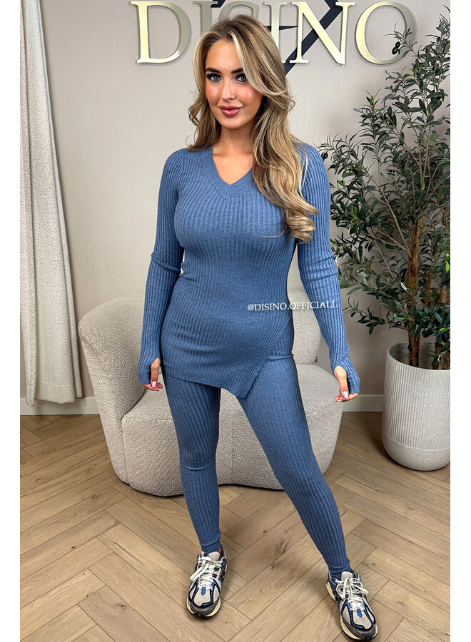 JEANS BLUE - 'LISA' - BASIC RIBBED V-NECK TWO PIECE SET