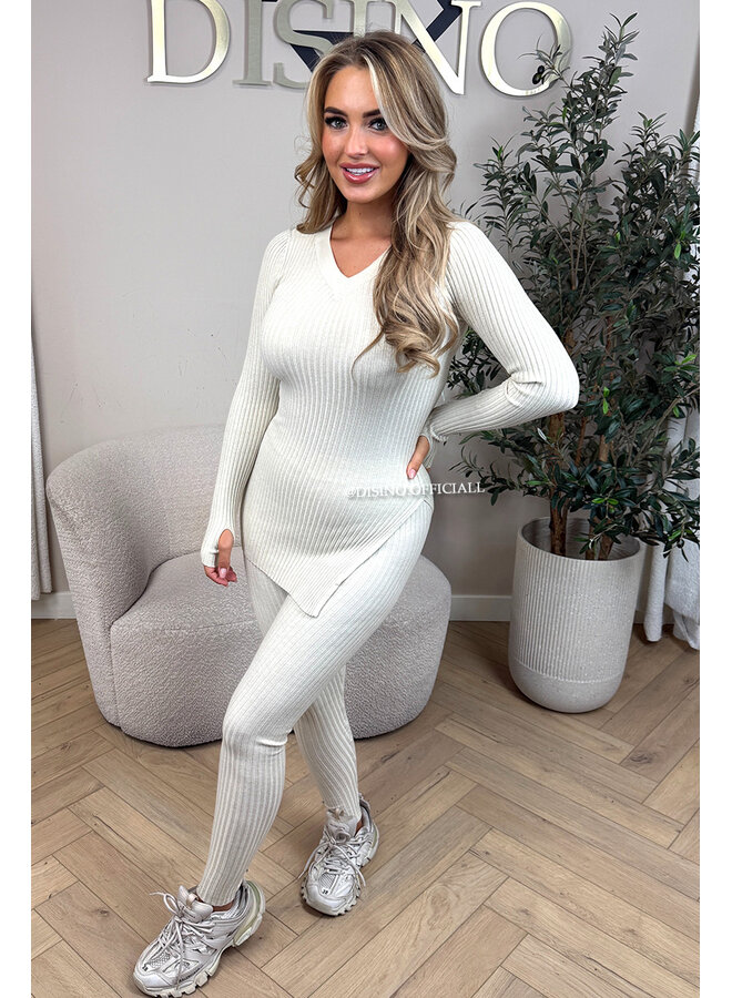 BEIGE - 'LISA' - BASIC RIBBED V-NECK TWO PIECE SET