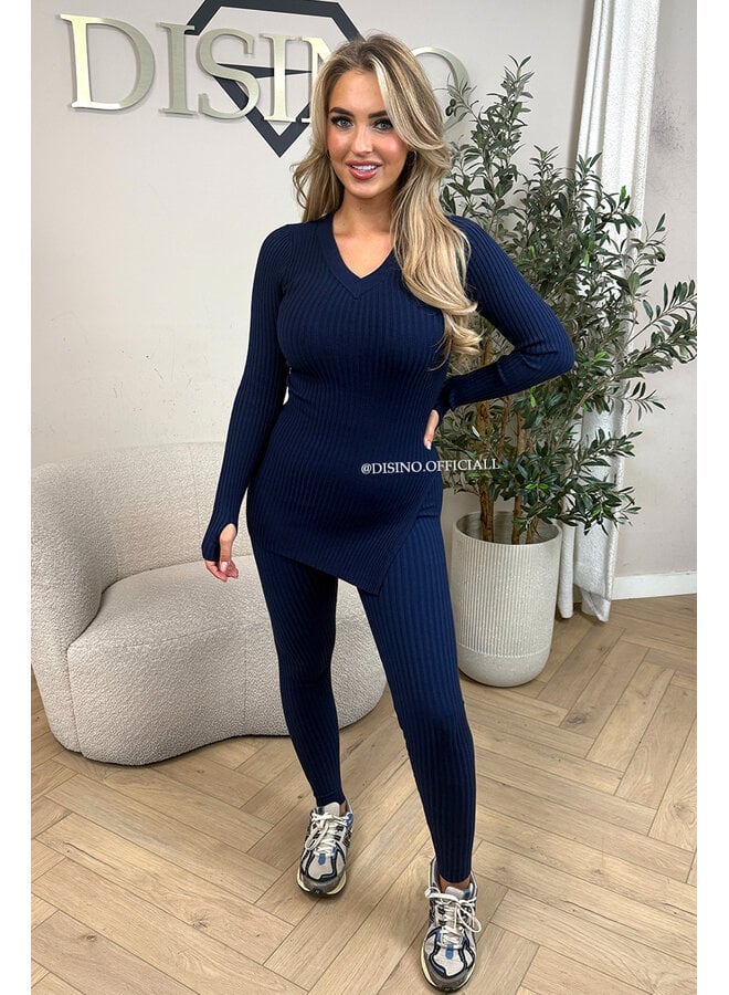 NAVY BLUE - 'LISA' - BASIC RIBBED V-NECK TWO PIECE SET