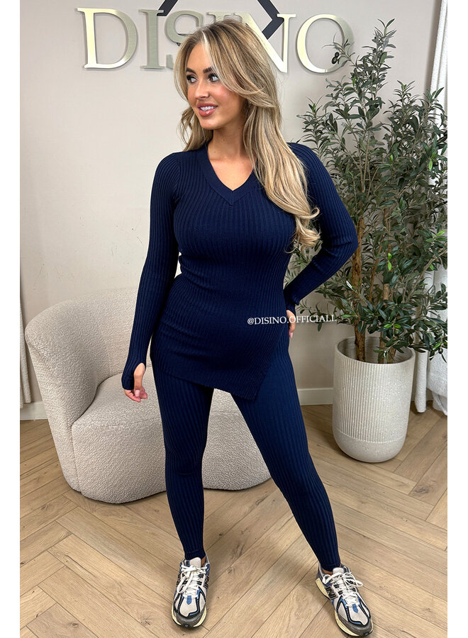 NAVY BLUE - 'LISA' - BASIC RIBBED V-NECK TWO PIECE SET