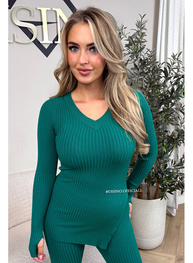 GREEN - 'LISA' - BASIC RIBBED V-NECK TWO PIECE SET