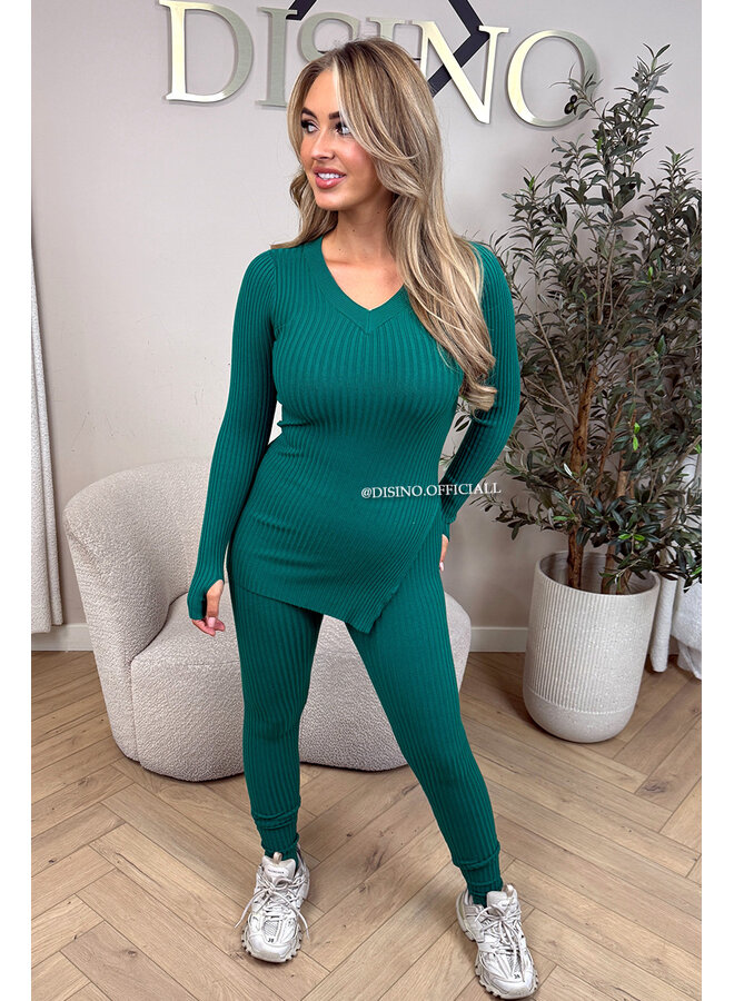 GREEN - 'LISA' - BASIC RIBBED V-NECK TWO PIECE SET