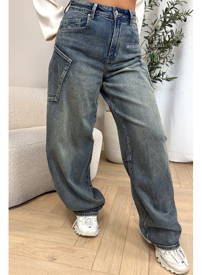 DIRTY BLUE - 'BALLOON CARGO JEANS' - STRETCH VIRAL BALLOON LEG JEANS