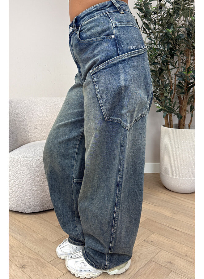 DIRTY BLUE - 'BALLOON CARGO JEANS' - STRETCH VIRAL BALLOON LEG JEANS