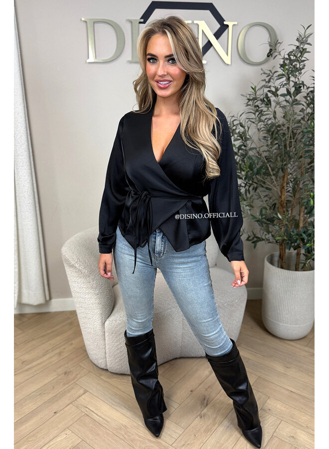 BLACK - 'ASHLEY BLOUSE' - PREMIUM QUALITY WRAP ON BLOUSE