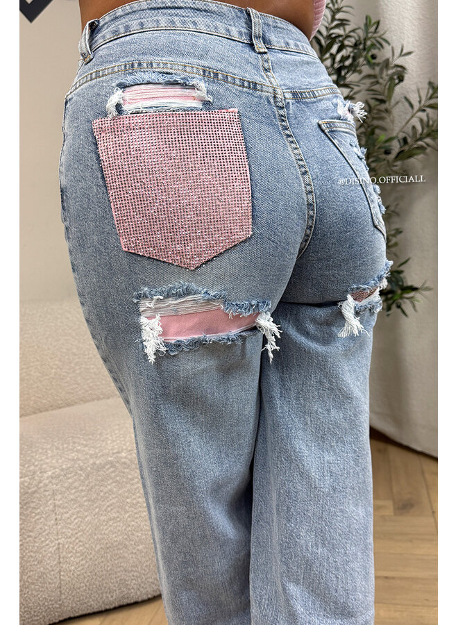 PINK - 'SYDNEY RHINESTONE' - STRETCH VIRAL RIPPED BACK STRAIGHT LEG JEANS