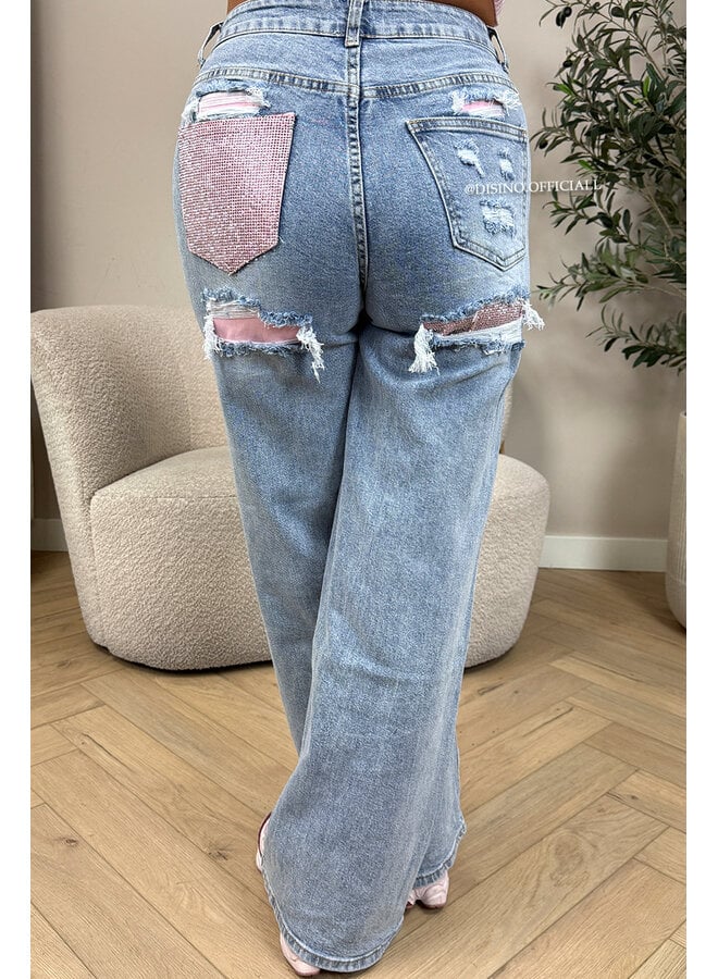 PINK - 'SYDNEY RHINESTONE' - STRETCH VIRAL RIPPED BACK STRAIGHT LEG JEANS