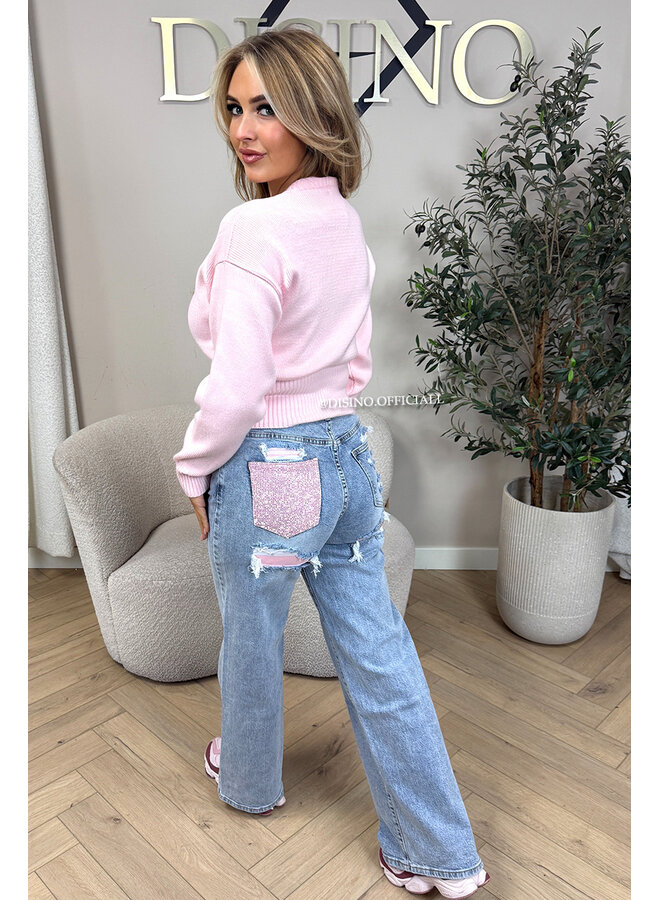 PINK - 'SYDNEY RHINESTONE' - STRETCH VIRAL RIPPED BACK STRAIGHT LEG JEANS