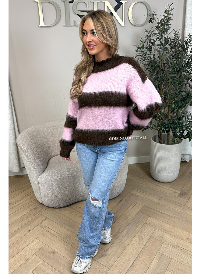 CHOCO/PINK - 'CHEYENN KNIT' - MOHAIR STRIPED KNIT