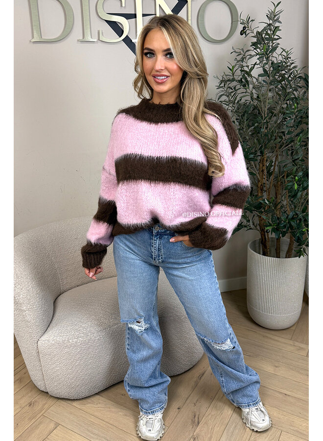 CHOCO/PINK - 'CHEYENN KNIT' - MOHAIR STRIPED KNIT
