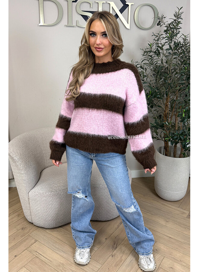 CHOCO/PINK - 'CHEYENN KNIT' - MOHAIR STRIPED KNIT