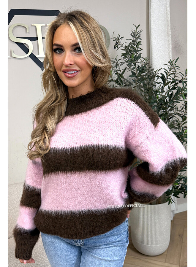 CHOCO/PINK - 'CHEYENN KNIT' - MOHAIR STRIPED KNIT