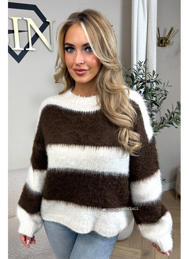ECRU/CHOCO - 'CHEYENN KNIT' - MOHAIR STRIPED KNIT