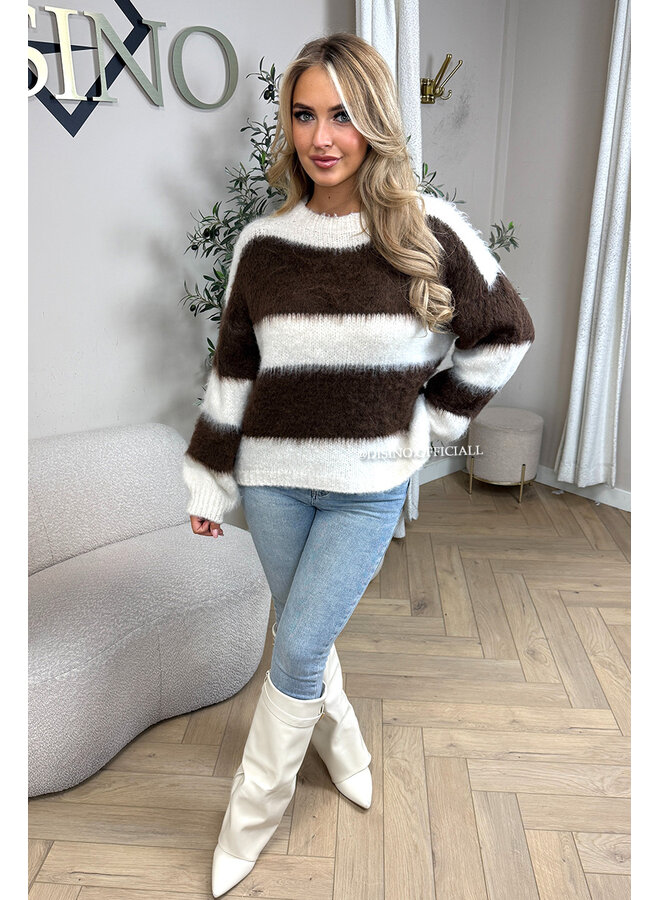 ECRU/CHOCO - 'CHEYENN KNIT' - MOHAIR STRIPED KNIT
