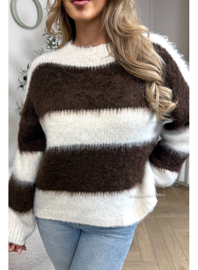 ECRU/CHOCO - 'CHEYENN KNIT' - MOHAIR STRIPED KNIT