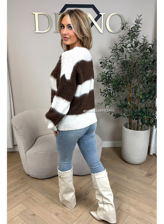 ECRU/CHOCO - 'CHEYENN KNIT' - MOHAIR STRIPED KNIT