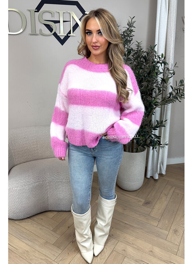 ECRU/PINK - 'CHEYENN KNIT' - MOHAIR STRIPED KNIT