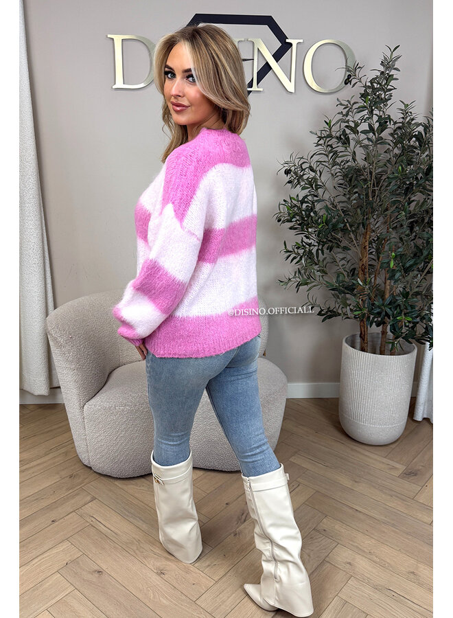 ECRU/PINK - 'CHEYENN KNIT' - MOHAIR STRIPED KNIT