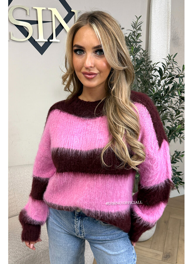 PLUM/PINK - 'CHEYENN KNIT' - MOHAIR STRIPED KNIT