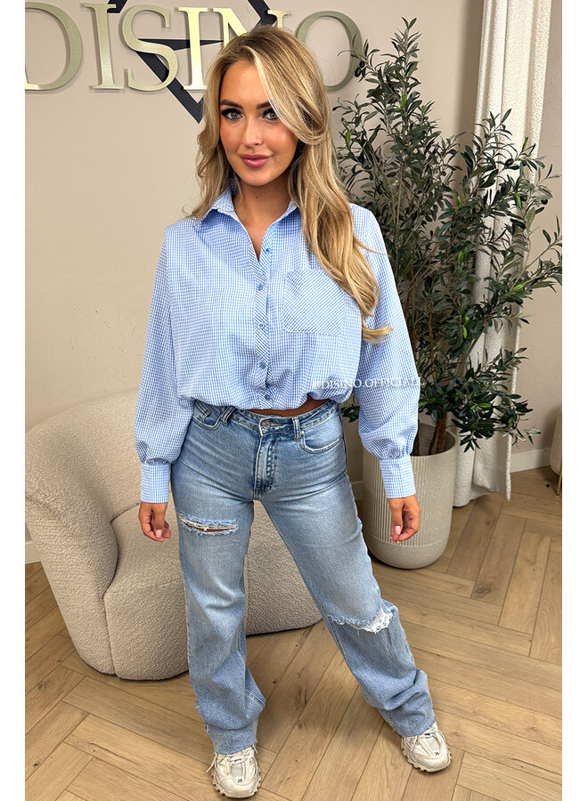 LIGHT BLUE - 'NENA V2 BLOUSE' - CHECKED CROPPED BLOUSE