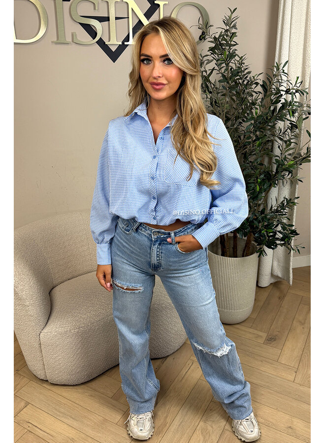 LIGHT BLUE - 'NENA V2 BLOUSE' - CHECKED CROPPED BLOUSE