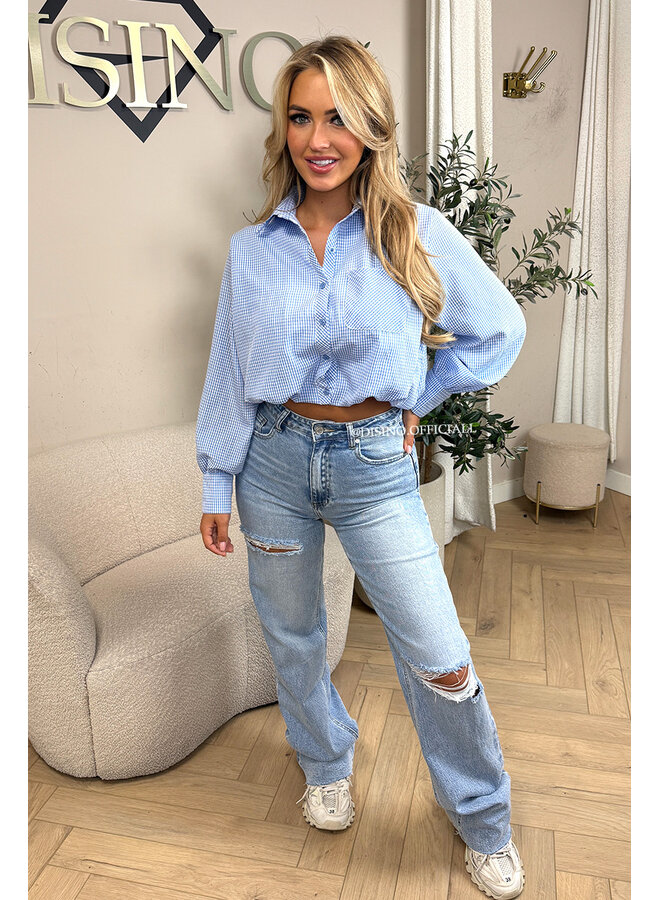 LIGHT BLUE - 'NENA V2 BLOUSE' - CHECKED CROPPED BLOUSE