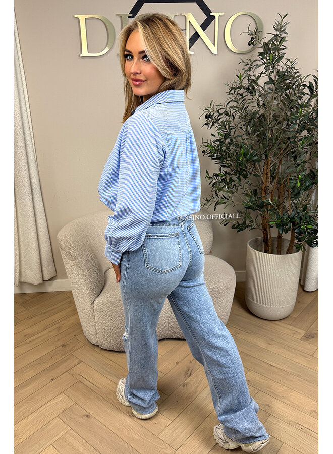 LIGHT BLUE - 'NENA V2 BLOUSE' - CHECKED CROPPED BLOUSE