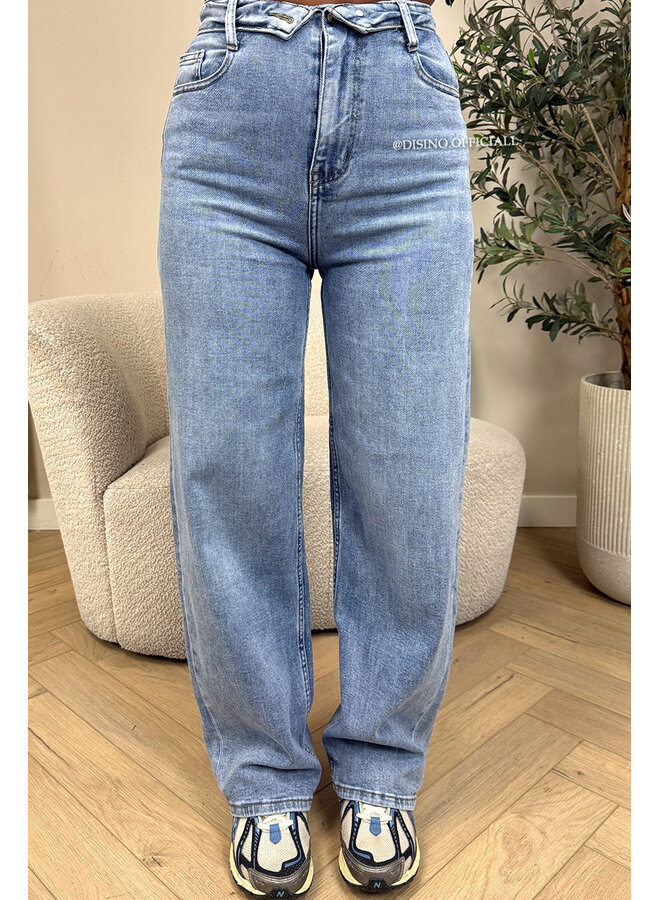 BLUE - 'FOLDED JEANS' - SUPER STRETCH FOLDED WAISTBAND WIDE LEG JEANS