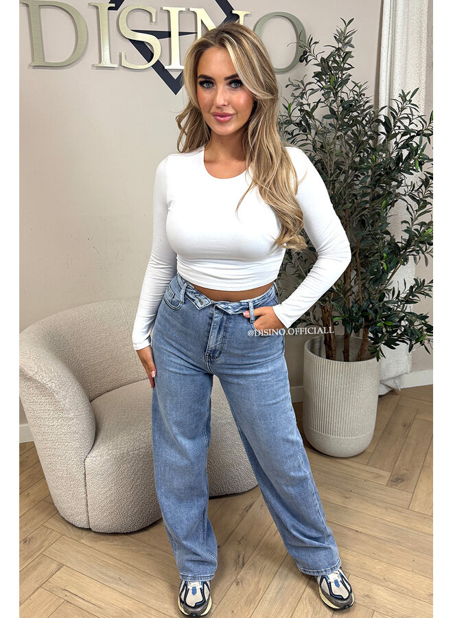 BLUE - 'FOLDED JEANS' - SUPER STRETCH FOLDED WAISTBAND WIDE LEG JEANS